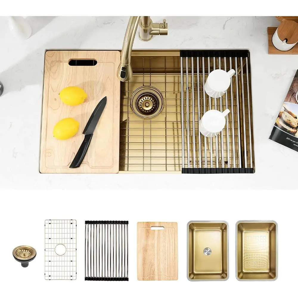 

Кухонная мойка из нержавеющей стали золотого цвета, 32x18 дюймов, ручной работы, с разделочной доской и сушкой