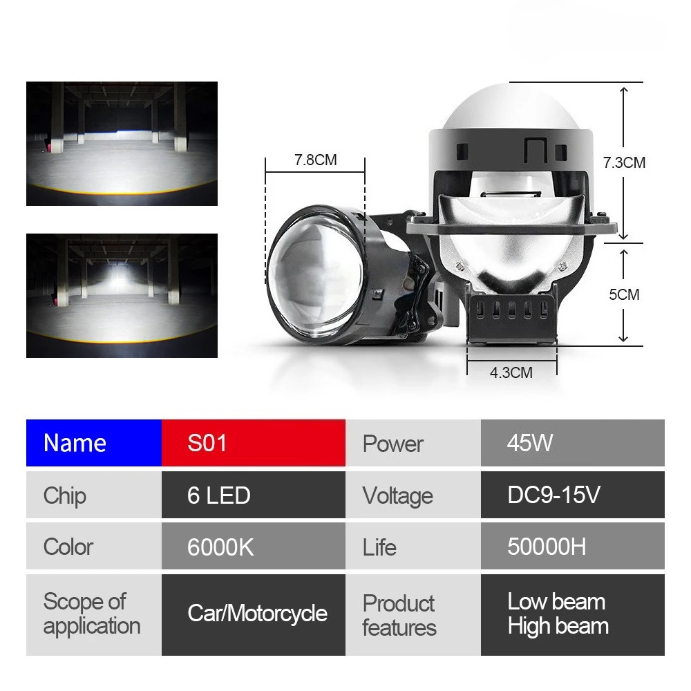 TIR 2.5 / 3 Inch Bi LED Projector Headlight with Halo Ring Dual Cup Laser Lens Plug and Play H4 H7 High Power Car LED Headlamp