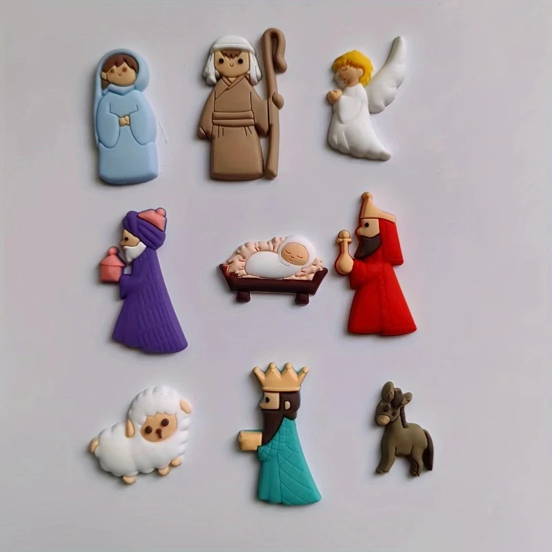 9pcs/Set Christmas Refrigerator Patch Cute PVC Mini Statue Cartoon Jesus refrigerator magnet DIY Home Decor Accessories Gifts