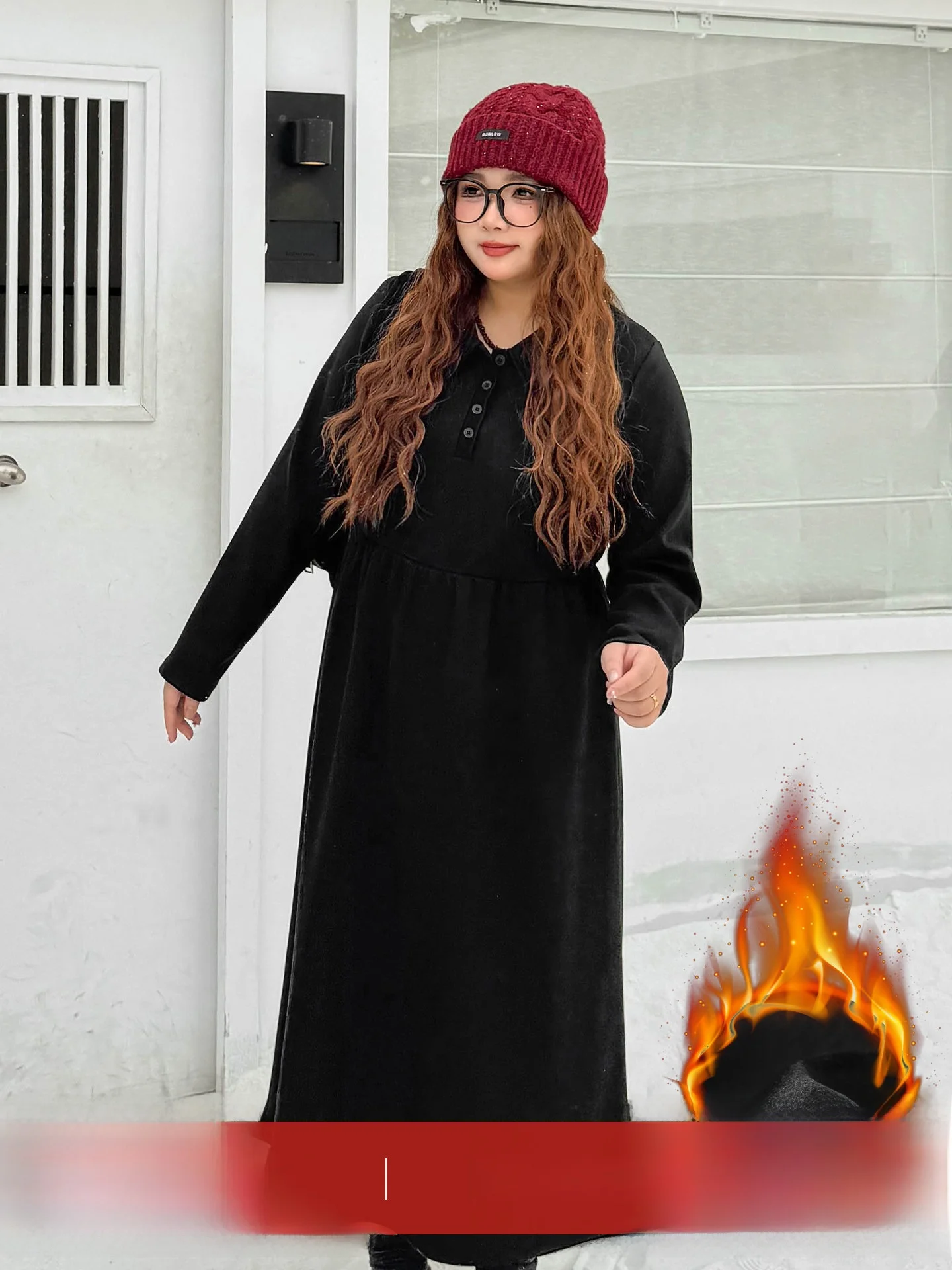 فستان نسائي بمقاسات كبيرة بخصر عالٍ مبطن بالصوف وياقة بولو، بتصميم أنيق للعمل، خريفي وشتوي، بقصة A-line تنحيف الجسم