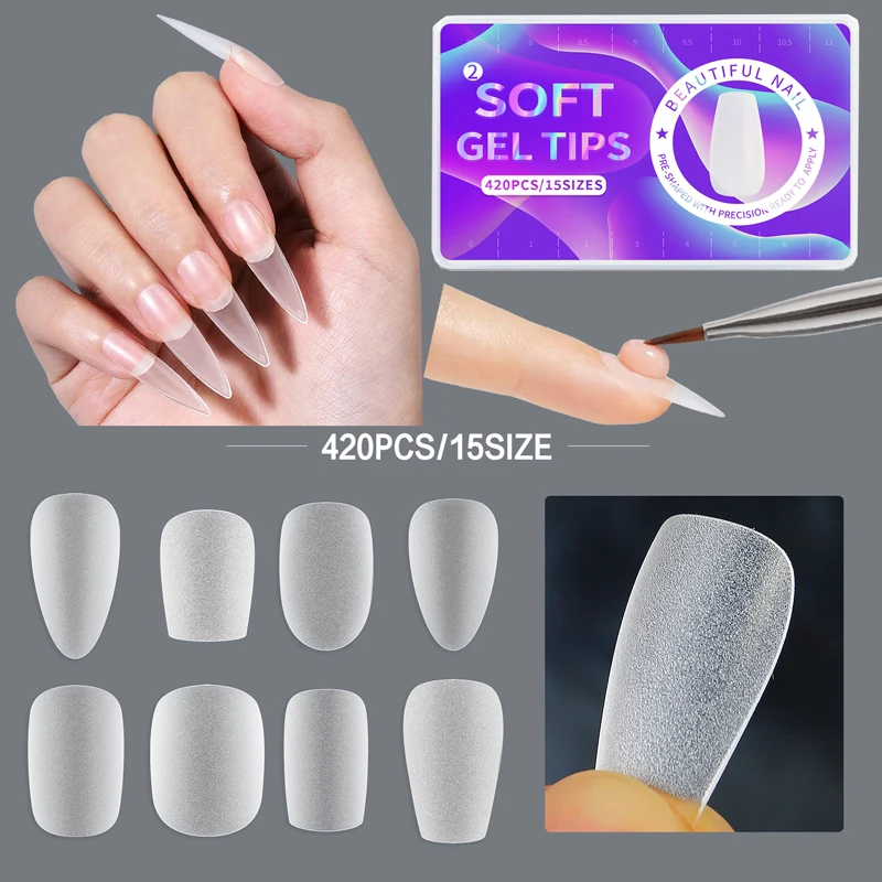 Soft Nail Gel Tips 15 Size 420 PCS Matte No Need Filing Pre-shaped Soak Off DIY Easy Nail Extension Acrylic Nail Gelly Tip Full