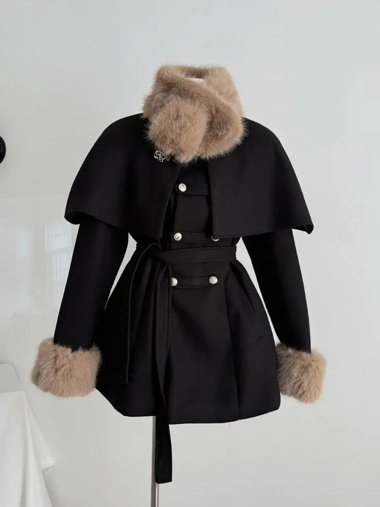 Manteau portefeuille matelassé à taille fine, pardessus en laine + châle détachable en peluche Patchwork, Style Noble d'hiver, ensembles 2 pièces pour femmes, costumes Y2k
