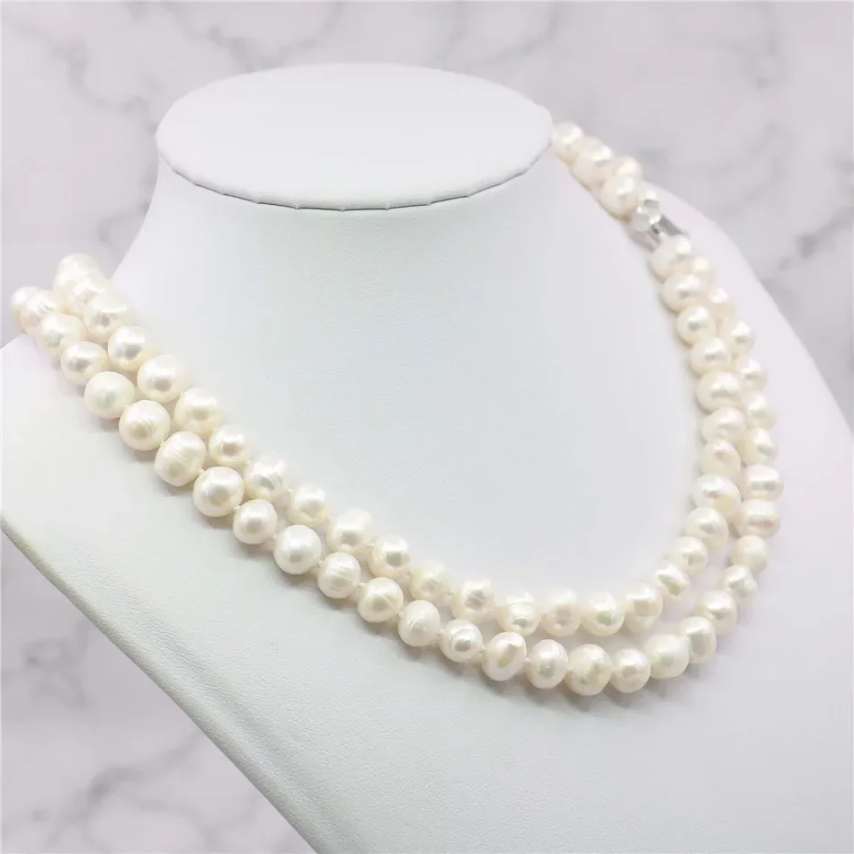 2 Rows 8-9mm White Akoya Saltwater Pearl Necklace 17-18inch Beads Hand Made Jewelry Making Natural Stone  Wholesale Price