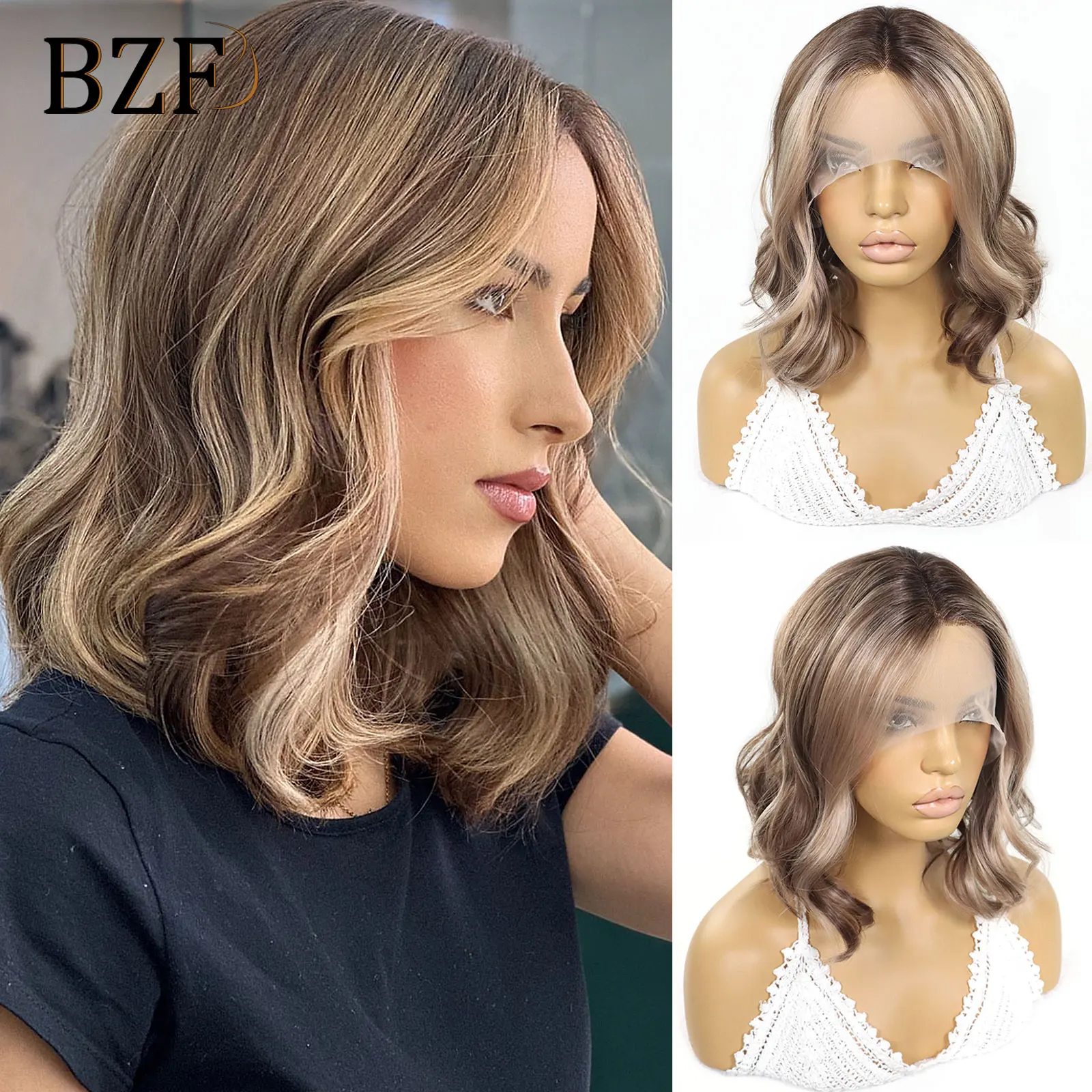 Ash Brown Wavy Highlight Synthetic Lace Front Short Bob Wigs 13x3 Colored Straight Wig Dark Roots Blonde Wig For Women Daily Use