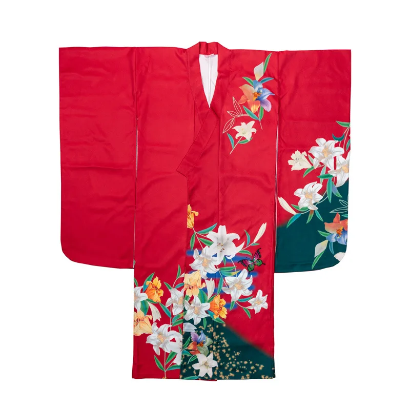 Women's Japanese Traditional Long Sleeve Kimono Red Color Flower Prints Formal Yukata Cosplay Costume Performance Dress