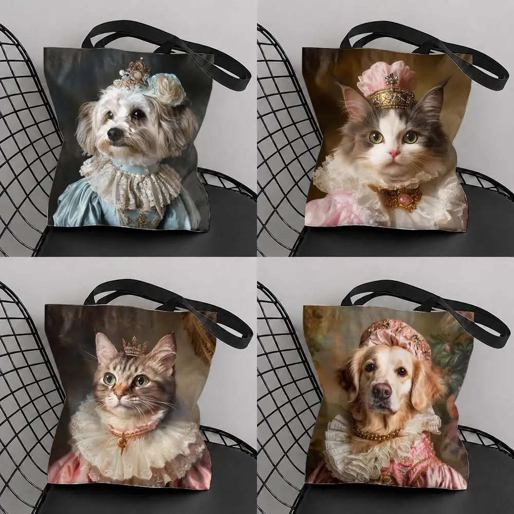 Royal Pet Portrait Storage Bags Large Capacity Canvas Tote Bag Reusable Shoulder Handbag for Daily Shopping Travel