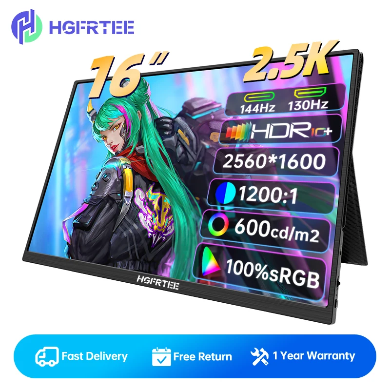 

16 Inch 2.5K 165Hz Portable Monitor 2560*1600 16:10 100%sRGB 500Cd/m² Display Game Screen For Laptop Mac Phone Xbox PS4/5 Switch