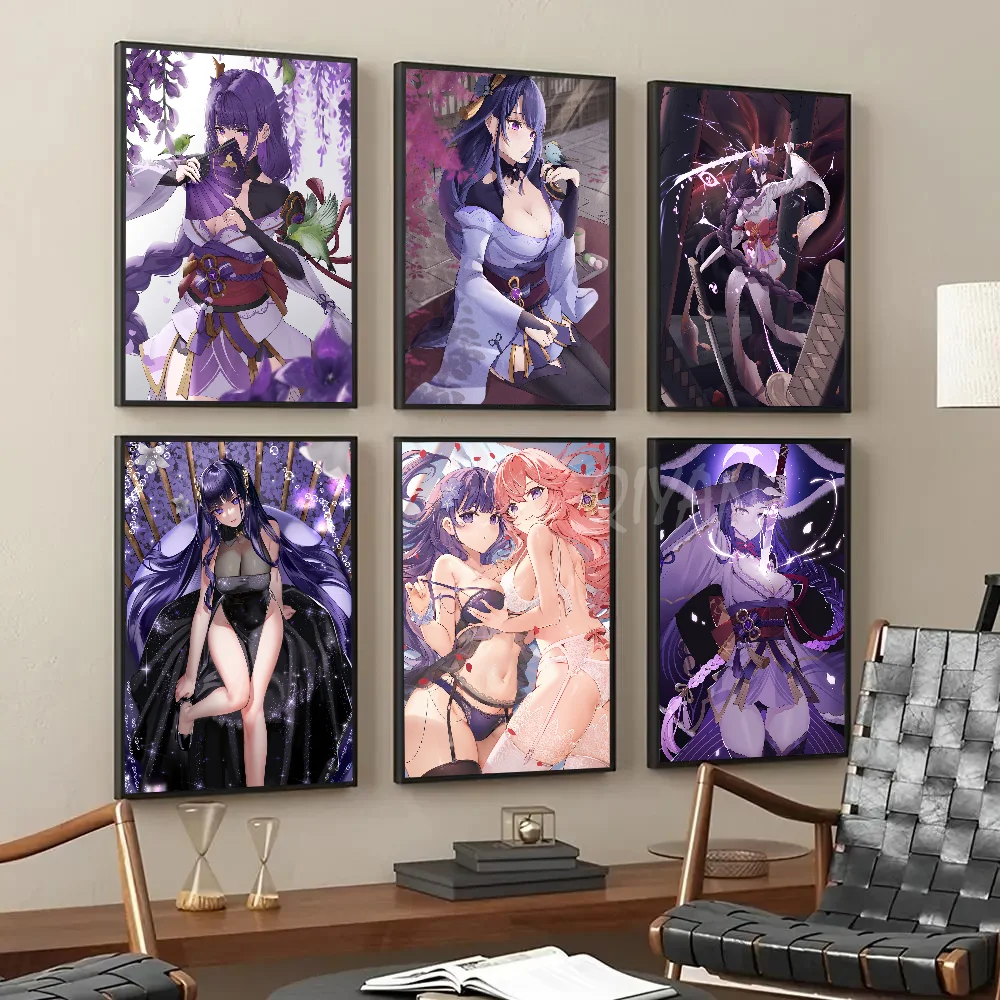 

Genshin Impact Accounts Raiden Shogun Anime Girl Poster Self-adhesive Art Waterproof Paper Sticker House Bar Room Wall Decor