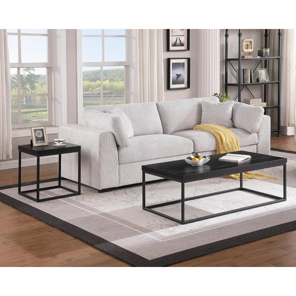 47 Modern Industrial Coffee Table - Black Marble Top with Wood and Metal Frame for Living Room