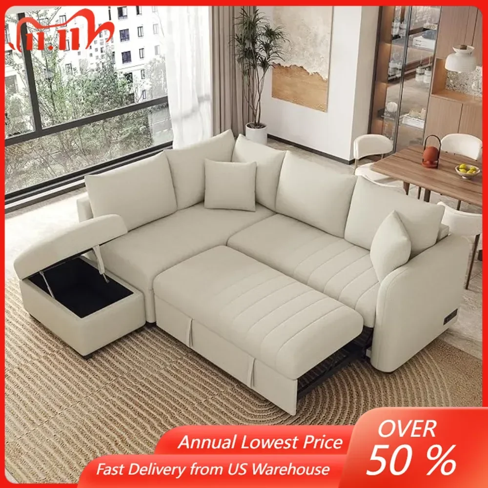 Convertible Sleeper Sofa Bed with Storage Ottoman, L-Shaped Sectional Sofa with Charging Stations & Chaise,Living Room Sofas