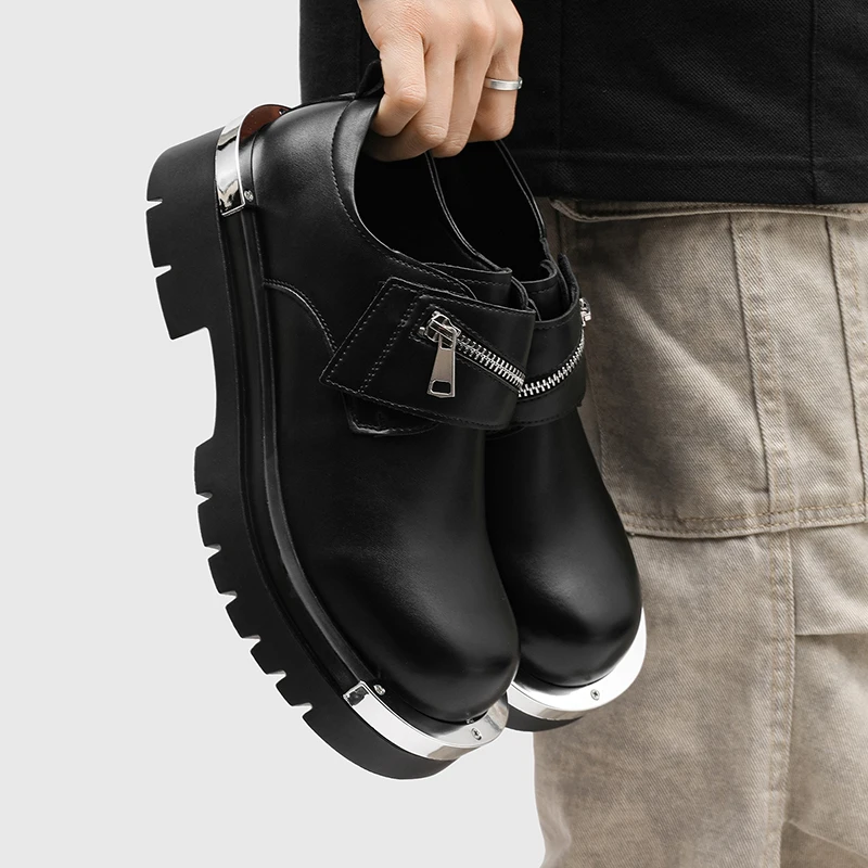 Thick Sole Big Head Metal Style Derby Shoes for Men Zipper Decoration Anti Kick Anti Slip Personalized Casual Youth Men Shoes