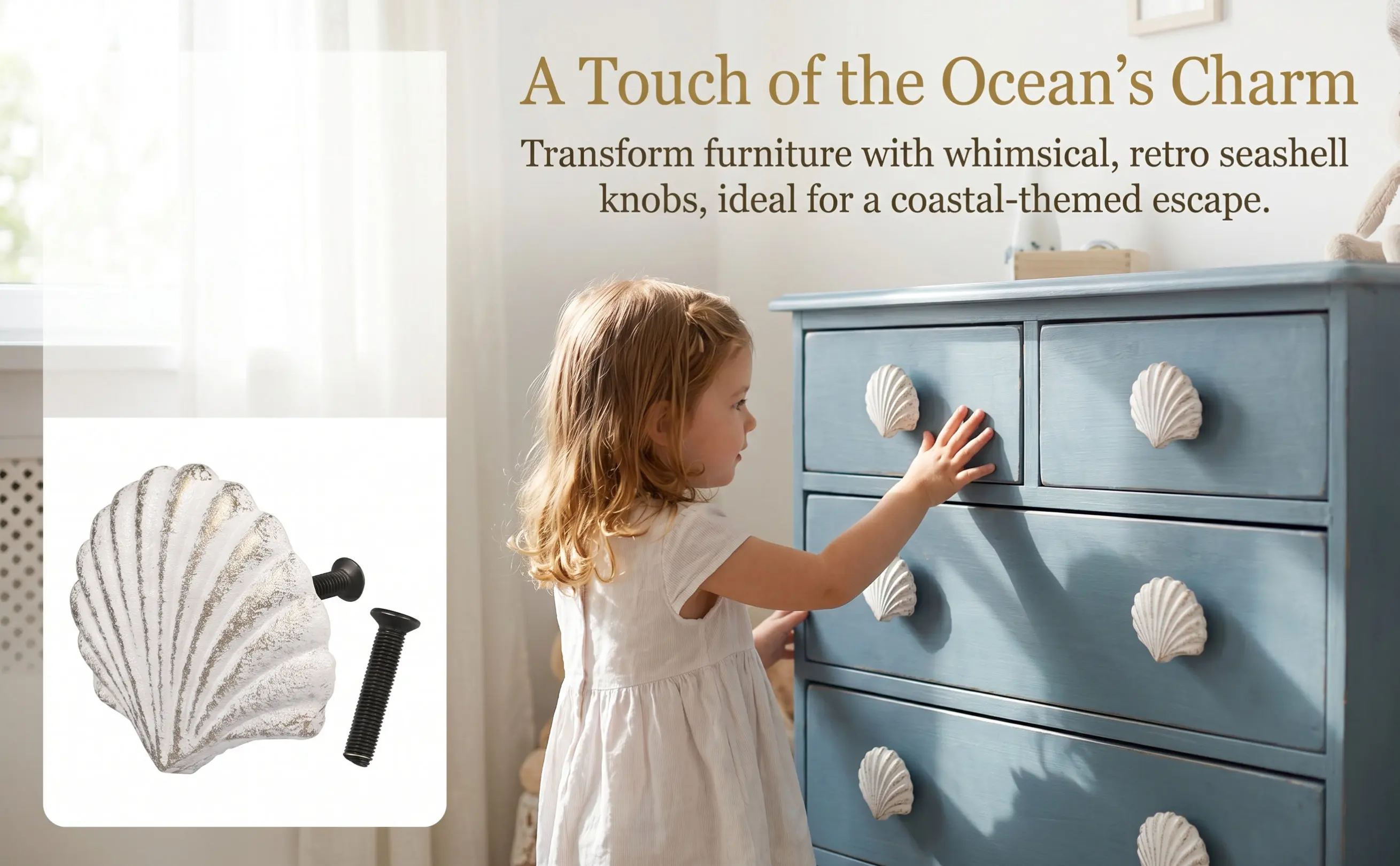 2Pcs Shell Shaped Drawer Knobs Vintage Ocean Theme Cabinet Handles Coastal Decor Kids Bedroom Nursery Dresser Closets Wardrobe