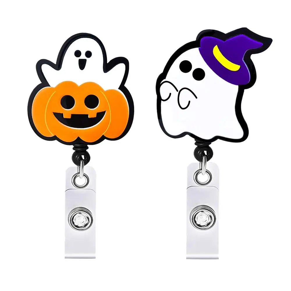 Exhibition Card Retractable Badge Reel ID Card Clips Badge Clip ID Badge Holder Halloween Pumpkin Ghost Easy Pull Buckle