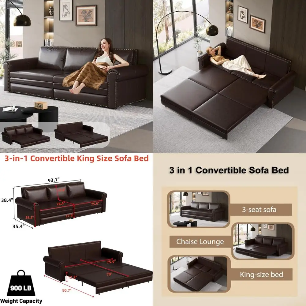 Sofa rozkładana typu king-size, nowoczesna 3-osobowa kanapa ze sztucznej skóry z ozdobnymi ćwiekami, idealna do salonu zapewniająca komfort i styl.