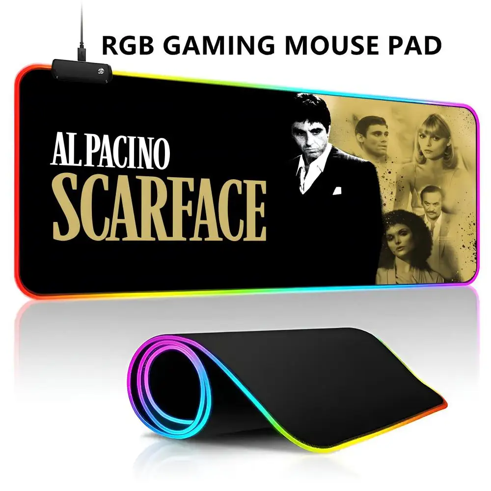 Scarface Tony Montana RGB LED Light Gaming Mousepad Waterproof Large Gamer Carpet Big Mause Keyboard Pad PC Desk Play Mat