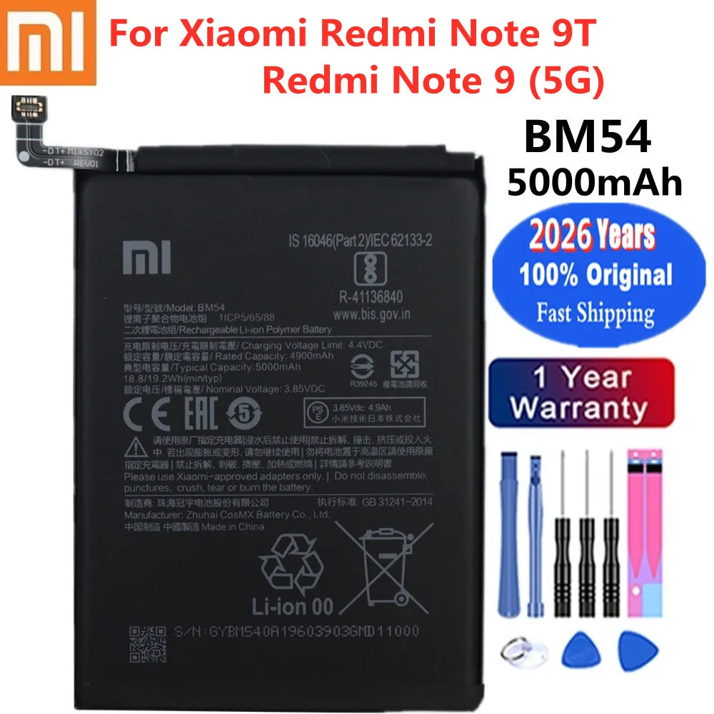 2026 Years 5000mAh BM54 100% Original Battery For Xiaomi Redmi Note 9 5G / Note 9T MTK 800U Batteries Bateria Fast Shipping