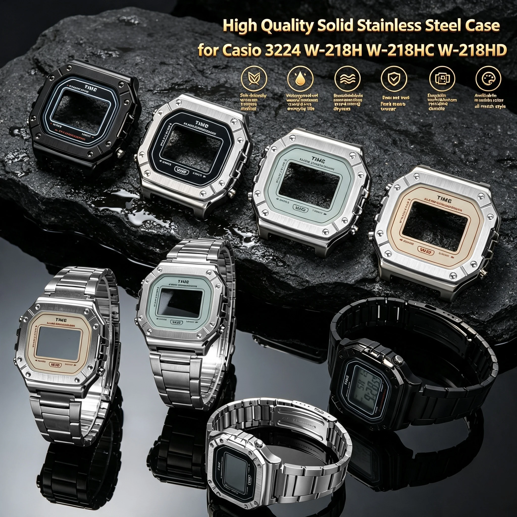 For Casio W-218H W-218HC W-218HD Module 3224 Solid Stainless Steel Watch Case Mod Kit High Quality Upgrade Replacement Parts
