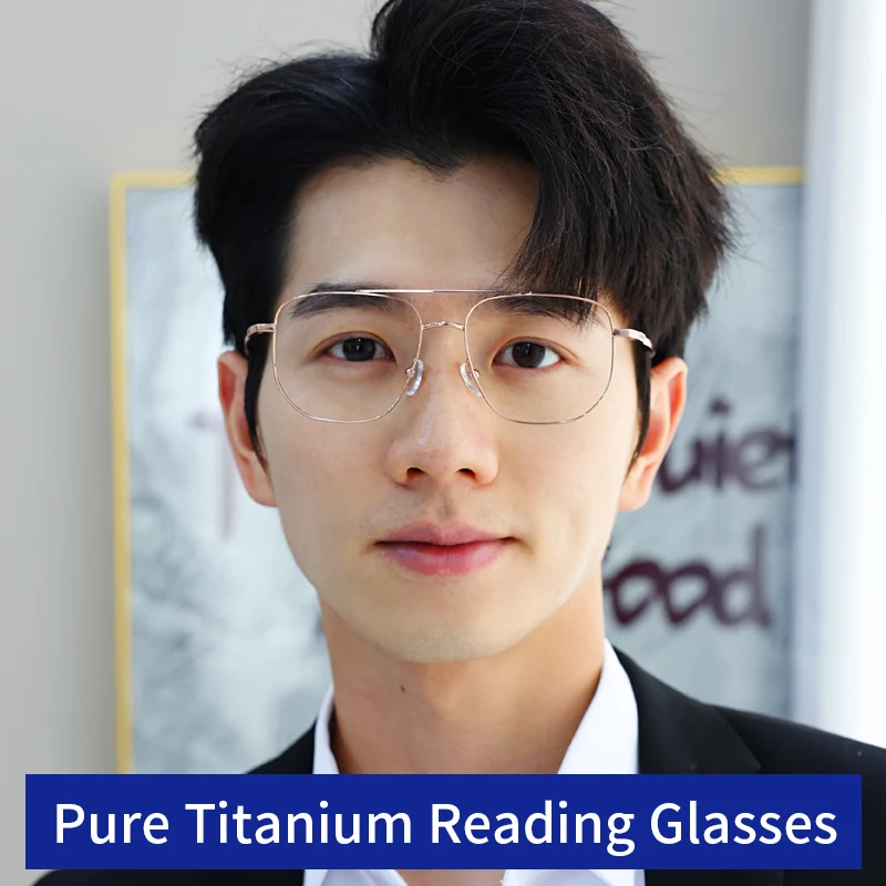 Pure Titanium Reading Glasses for Men Square Double Bridge Blue Light Blocking Computer Readers,Magnifying Presbyopic Eyeglasses