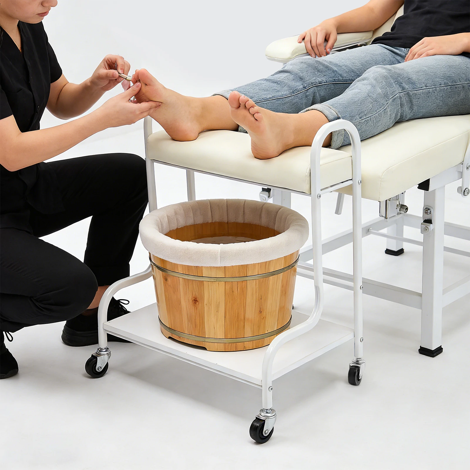2-Tier Foot Bath Trolley With 4 Swivel Wheels, Wood & Baked Metal Mobile Foot Spa Cart With Foot Rest Cushion For Salon Home Foot Massage Pedicure