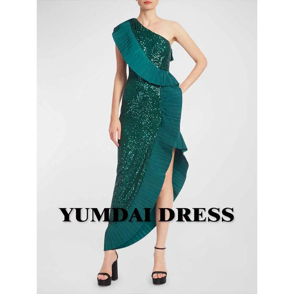 YUMDAI Gorgeous Sequin Single Rotator Sleeve Evening Gown Emerald Irregular Mom Mid-length Informal Dress  Elegant Party Gown