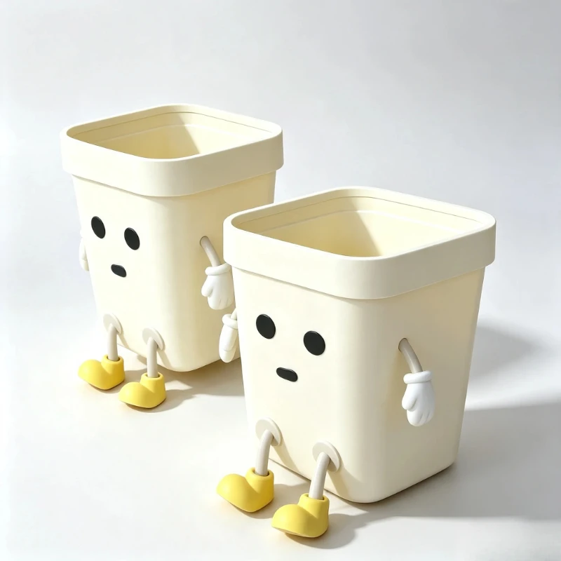 Funny Kawaii Square Desktop Trash Can, Cream‑Colored Plastic Waste Bin with Cute Movable Limbs, Aesthetic Room Decor
