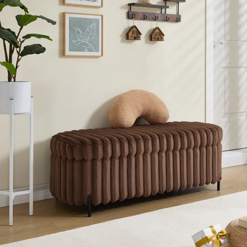 #Durable Modern Brown Faux Fur Flip Top Storage Bench Bed End Stool Foot Rest For Bedroom Living Room