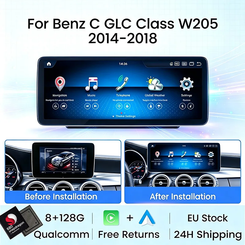 Stock UE Qualcomm668/680 10.25'' 12.3'' 1920*720 Écran QLED Autoradio Lecteur multimédia pour Mercedes-Benz Classe C / GLC W205 X253 2015-2018 NTG5.0 4G Wifi GPS Audio DSP Sans fil Carplay Android Auto Double BT Système automobile intelligent