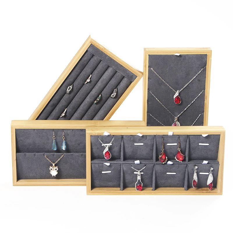 Dark Gray Velvet Bamboo Jewelry Tray Display Earrings Necklace Ring Tray Holder Rack Display Stand Storager Tray