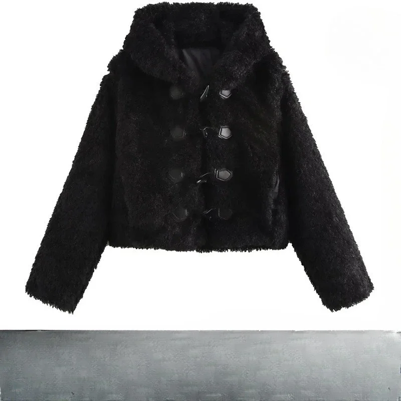 معطف قصير نسائي أوروبي وأمريكي باللون العنابي للشتاء، فرو صناعي سميك، فرو نسائي مريح، لطيف