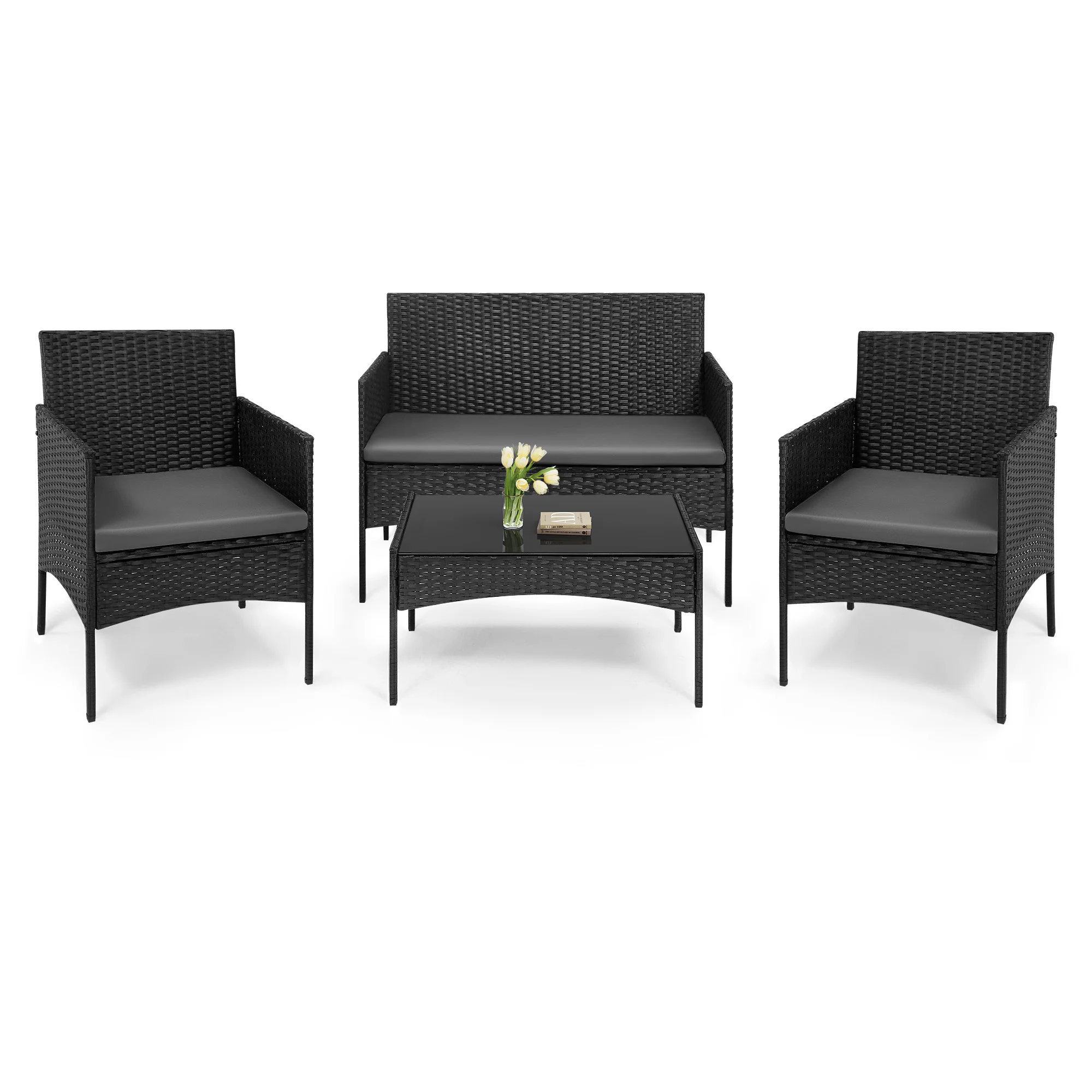 WOLTU Rattan-Gartenmöbel-Set, Couchtisch, 2 Sessel und Sofa für 2 Personen, mit Kissen, wetterfest, für Balkon und Garten