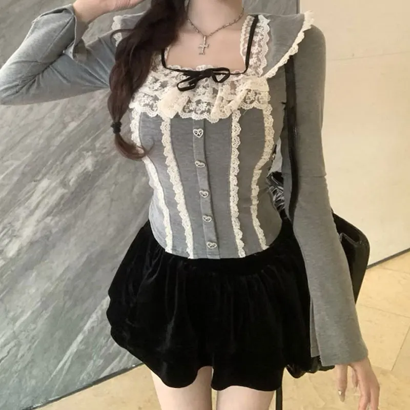 

Lace patchwork long sleeved T-shirt for women Korean slim fashion top Spicy Girl Elastic High Elastic Top Streetwear