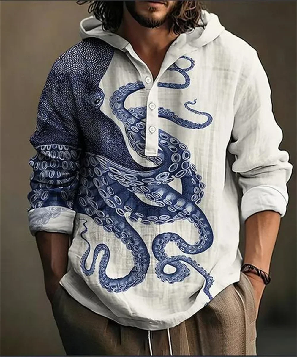 New Men\'s Hoodie Long Sleeve Shirt Bamboo Linen Simple 3 Button Fashion Pullover Top 3D Men\'s Creative Print Shirt