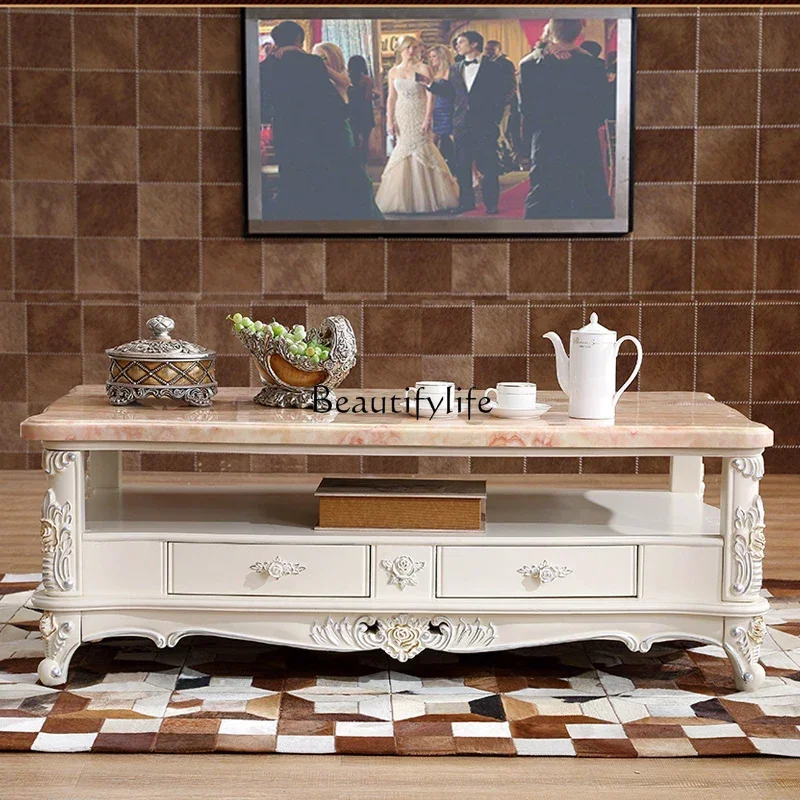 

yj5 European coffee table marble double-layer full solid wood carving flower villa coffee table