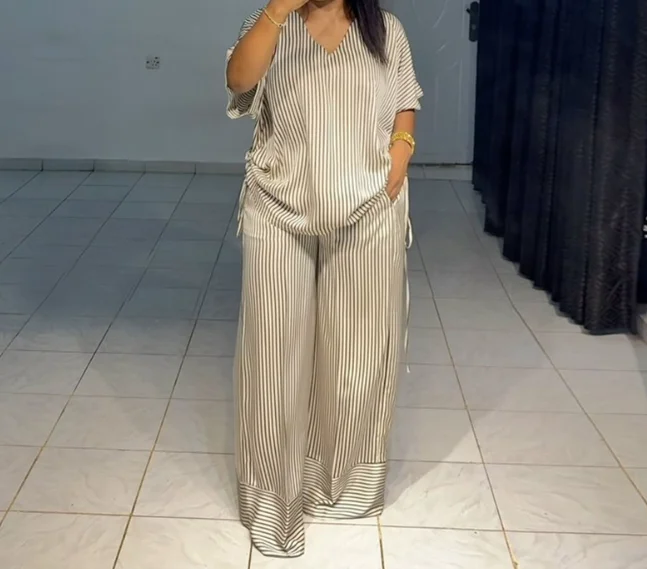 

New Casual Loose V-Neck Striped Short Sleeved Top, Wide Leg Pants Set