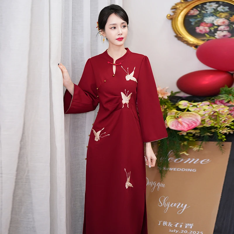 

Китайское вышитое платье-ципао, бордовое, с длинными рукавами, винтажное традиционное женское коктейльное платье для вечеринок
