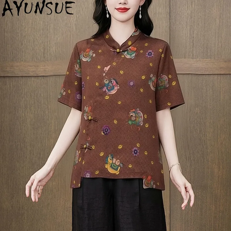 AYUNSUE 100% Real Mulberry Silk Womens Tops Short Sleeved Xiangyunsha Vintage Blouse Women Summer Women Clothing 2026 Ropa Mujer