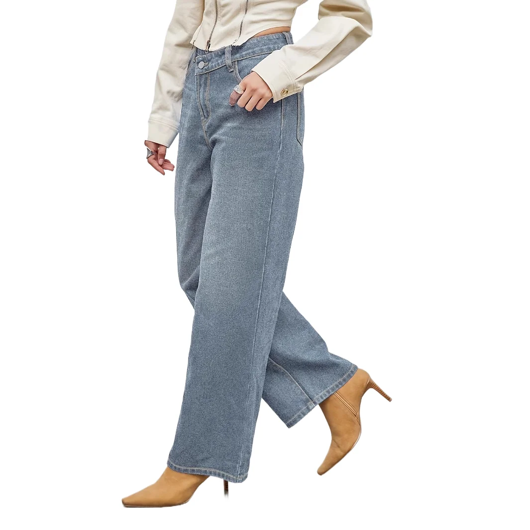 

Retro Design Style Slanted Straight-leg Jeans, Four Seasons New Fashionable, Casual and Loose Wide-leg Jeans for Women