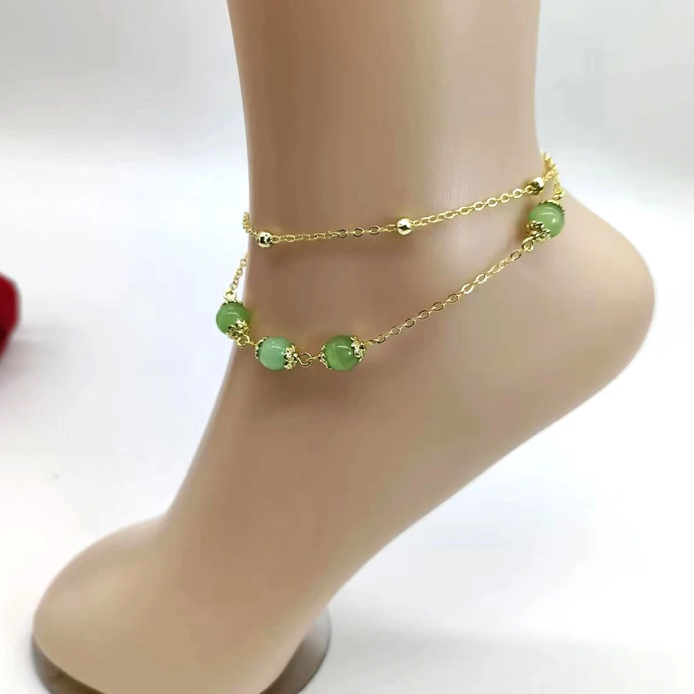 Two Layer Anklet Color Cat's eye Stone Bead Charm Flower Preserving Plated Metal Chain Women Gift Fashion Jewerly