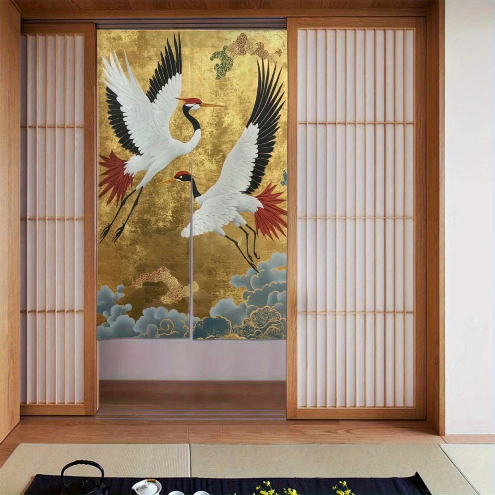 Una cortina de elementos culturales japoneses, con el patrón de dos grullas, adecuada para entrada, pasillo, baño y dormitorio.