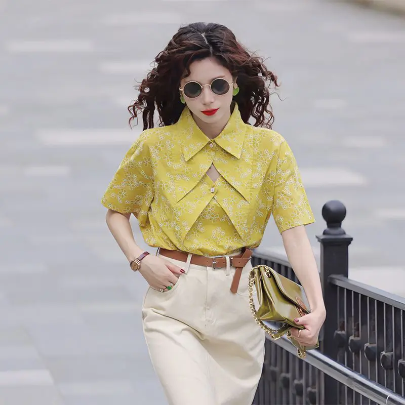 Vintage floral patchwork short-sleeved shirt women's fashion Chiffon Blouses