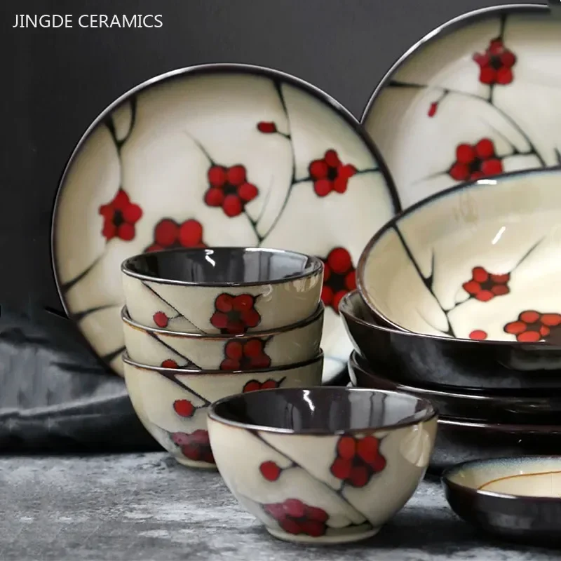 Japanese Ceramic Tableware Household Hand-painted Plum Blossom Ceramic Plate Rice Bowl Home Dinner Plates Kitchen Accessories