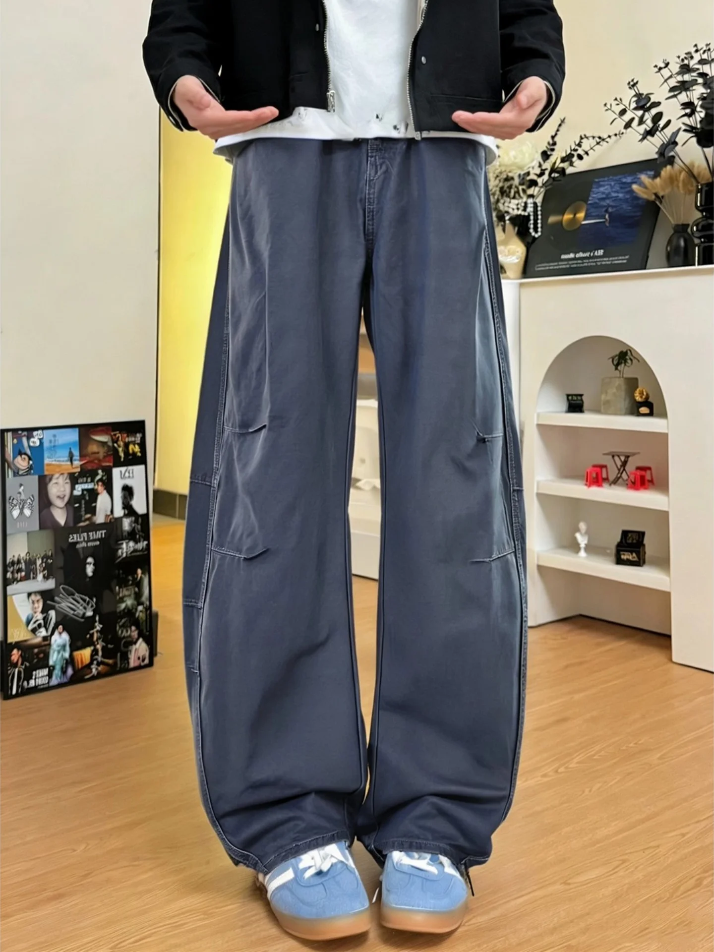 

Waed Pure Cotton ey Knife Workwear Pants Men's American Pleated Logging Wide Leg Casual Flared Straight Leg Trousers