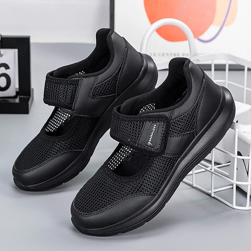 

Женские танцевальные туфли для фитнеса среднего и пожилого возраста, бабушкины туфли с мягкой подошвой и сеткой, ажурные туфли на плоской подошве с низким вырезом