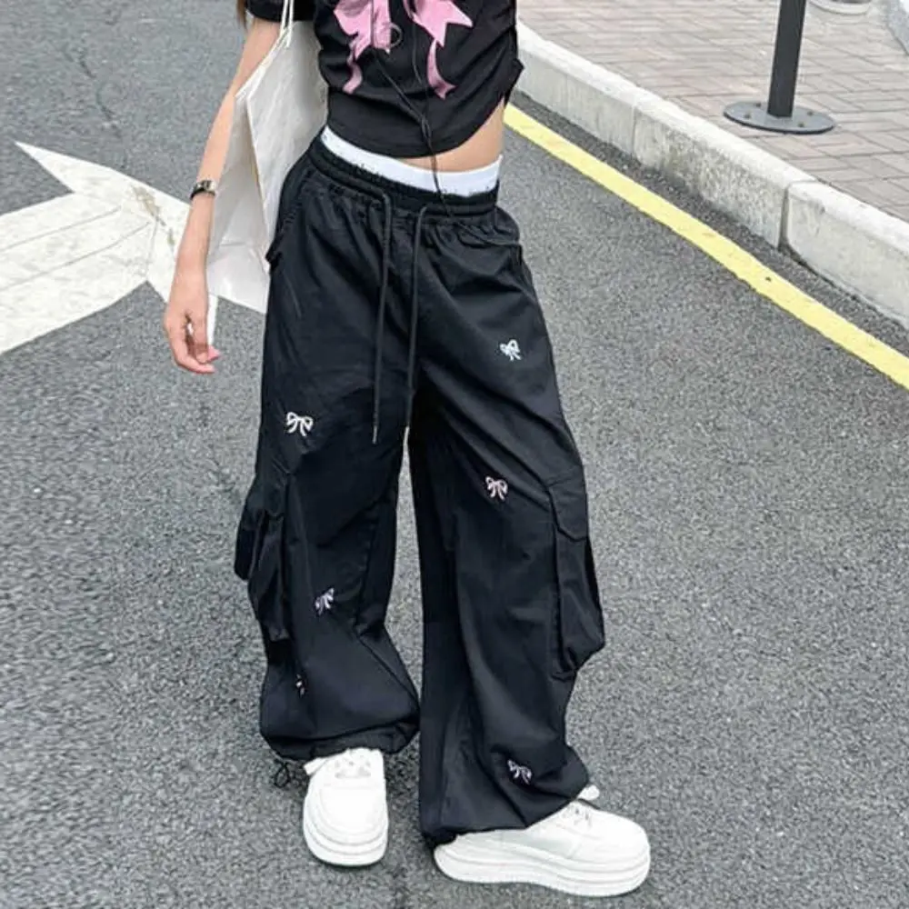 

Fashion Embroidered Baggy Cargo Pants Multi Pockets Wide Leg Sweet Bow Pants Trousers Drawstring Y2k Pants Girl Children