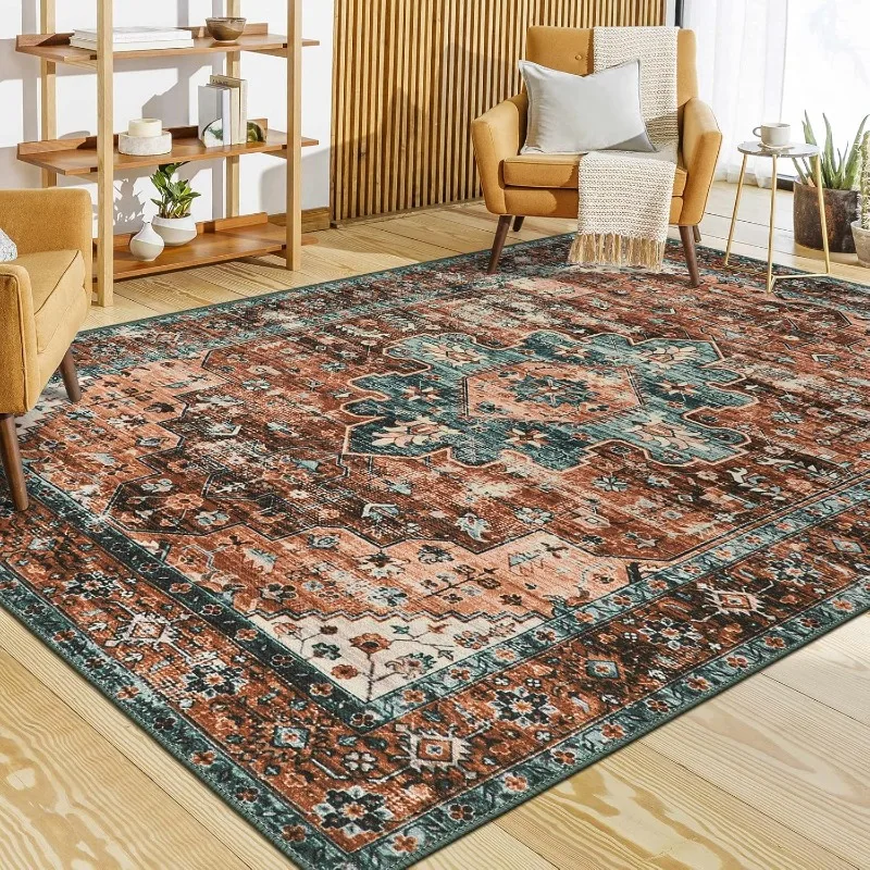 

Ultra-Thin Vintage Area Rug Bedroom Large Living Room Non-Slip Dining Room Carpet for Office Kitchen Entryway Brick Red Teal Mat