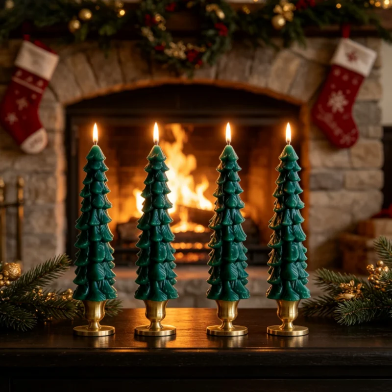 Christmas Flameless Candles with Remote, Green Christmas Tree Flickering Battery Operated Window Candlesticks, Glass Flameless X