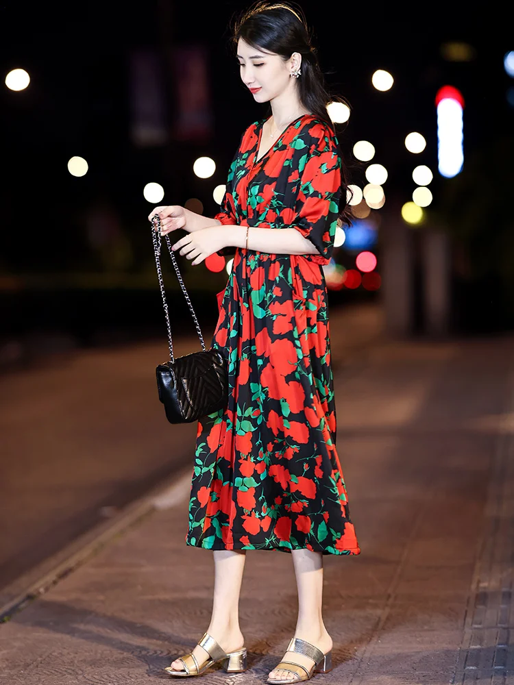 High Quality Real Silk Dress for Women Summer 2024 New Red Floral Age-Reducing plus Size