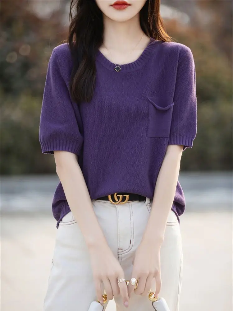 فضفاض التخسيس جولة Ne الحرير الجليد ort Sve تي شيرت المرأة الصيف رقيقة كيت تصميم محبوك أعلى الكورية Sle لباس غير رسمي