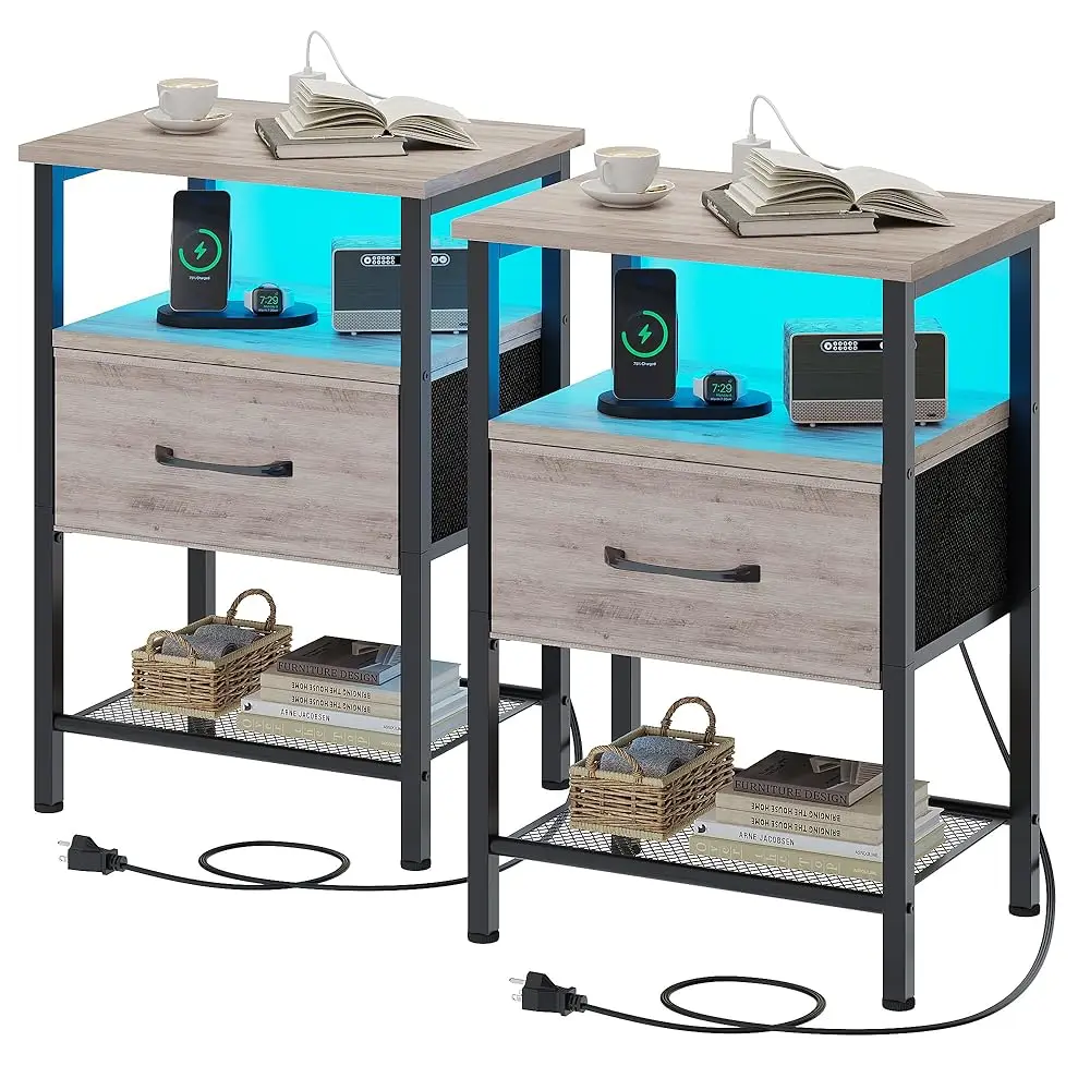 

Night Stand Set 2, End Table With Charging Station, Led Bedside Table With Fabric Drawer For Bedroom, 3-Tier Side Table With