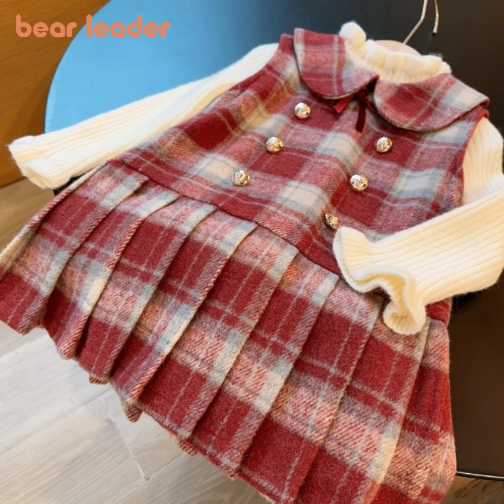 

Bear Leader Autumn Winter Children's Set Christmas Girl Clothes Sleeveless Checkered Printed Dress+Beige Long Sleeved Base Shirt
